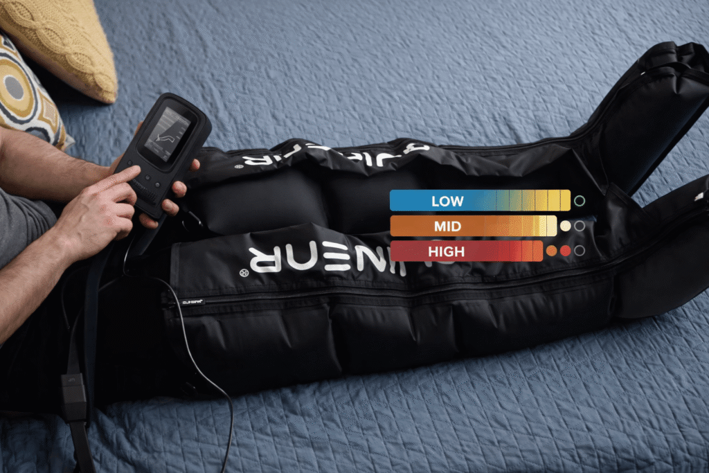 Quinear leg massager compression boots in use seated position
