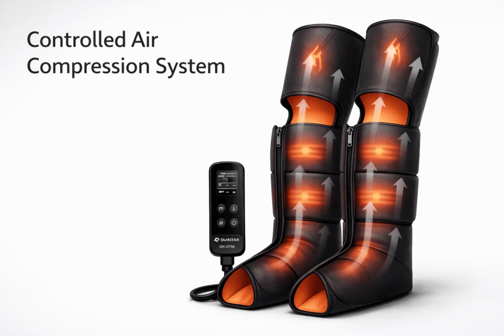 Quinear leg massager compression boots in use seated position
